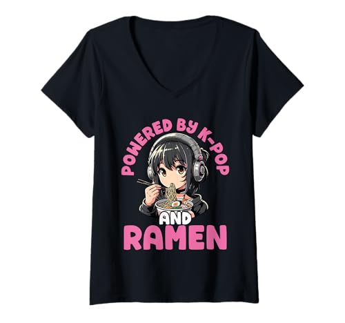 Damen Angetrieben Durch K-pop Und Ramen Anime-Stil. T-Shirt mit V-Ausschnitt Damen Angetrieben Durch K-pop Und Ramen Anime-Stil. T-Shirt mit V-Ausschnitt von Trendy Anime Und K-pop Fanbekleidung Co.