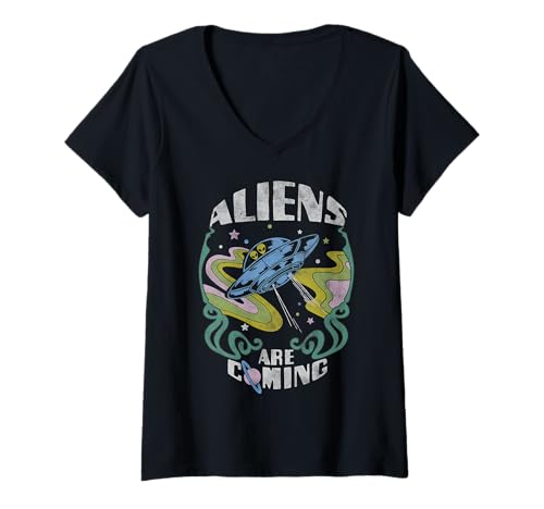 Damen Retro Aliens Are Coming Cosmic UFO Fill T-Shirt mit V-Ausschnitt von Trendy Apparel