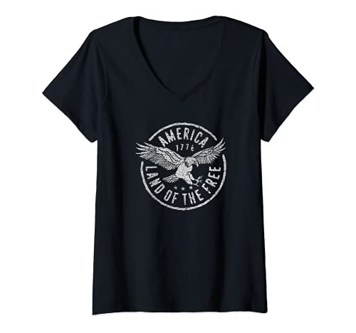 Damen Trendy America Land Of The Free Vintage Eagle 1776 T-Shirt mit V-Ausschnitt von Trendy Apparel