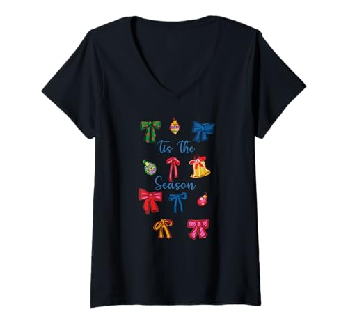 Damen Trendy Apparel Christmas Tis The Season of Colorful Bows T-Shirt mit V-Ausschnitt von Trendy Apparel