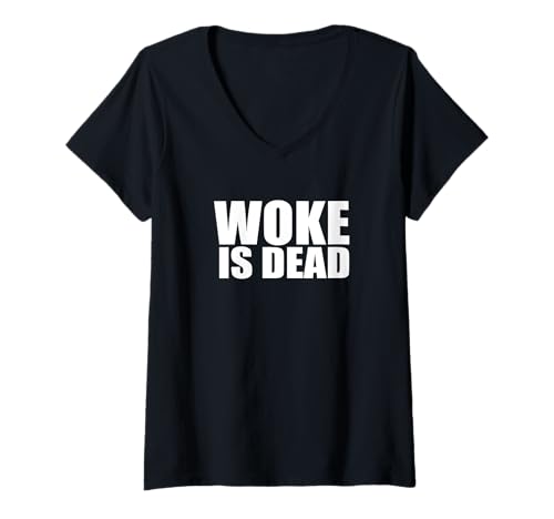 Damen Trendy Apparel Woke is Dead Bold Text Logo T-Shirt mit V-Ausschnitt von Trendy Apparel