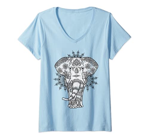 Damen Trendy Elephant Geometric Henna Design T-Shirt mit V-Ausschnitt von Trendy Apparel