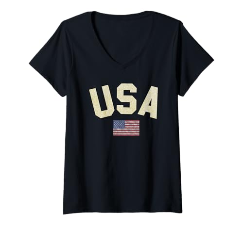 Damen USA Gold Glitter Text Center Flag T-Shirt mit V-Ausschnitt von Trendy Apparel