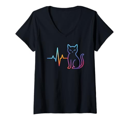 Damen Bunte Herzschlag-Silhouette für Katzenliebhaber T-Shirt mit V-Ausschnitt von Trendy Cat Lover Heartbeat Feline Shirt Co.