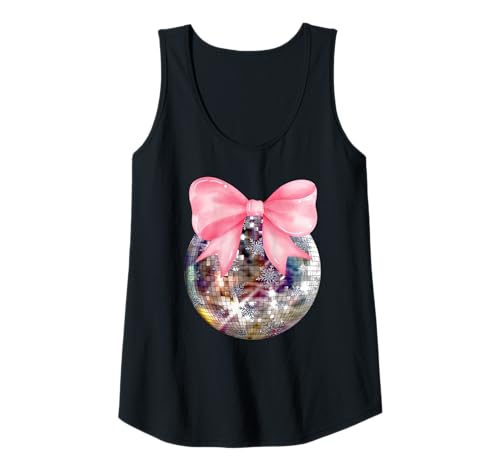 Damen Discokugel mit rosa Schleife & Schneeflocken Retro Urlaub Party Tank Top von Trendy Christmas Santa Merry Jolly Holiday Shirts