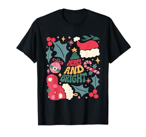 Merry and Bright Ästhetische Boho Weihnachten Retro Urlaub Mädchen T-Shirt von Trendy Christmas Santa Merry Jolly Holiday Shirts
