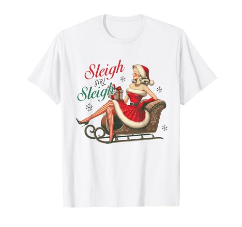 Vintage Pin-Up Weihnachten Santa Girl Schlitten Urlaub Retro 70er Jahre T-Shirt von Trendy Christmas Santa Merry Jolly Holiday Shirts