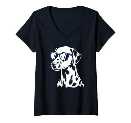 Damen Dalmatiner Sunglasses Cool Dog Art Für Tierfreunde T-Shirt mit V-Ausschnitt von Trendy Dalmatian Blue Sunglasses Pet Graphic