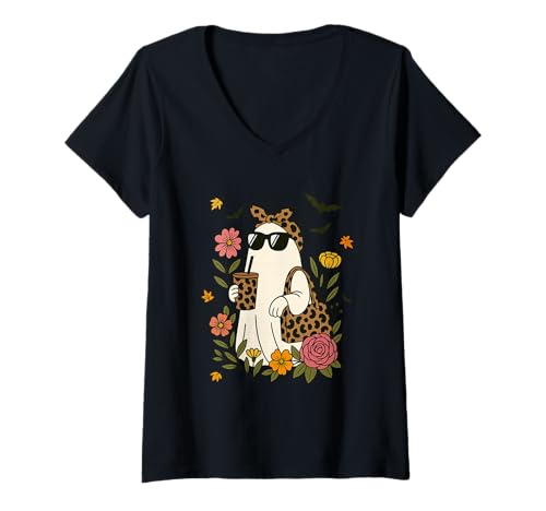 Damen Zubehör mit Gespenst und Leopardenmuster T-Shirt mit V-Ausschnitt Damen Zubehör mit Gespenst und Leopardenmuster T-Shirt mit V-Ausschnitt von Trendy Ghost Floral Fashion Statement