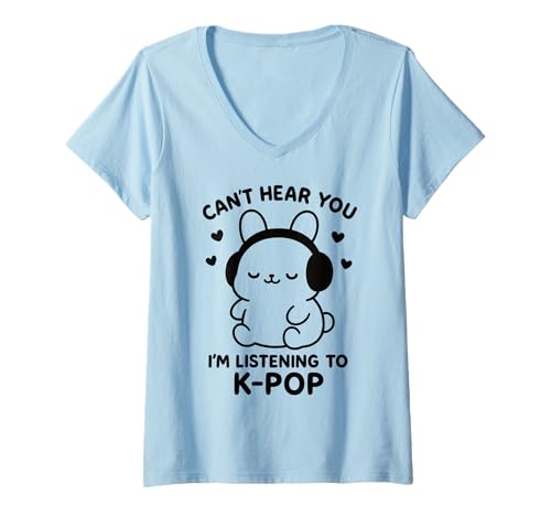 Damen Niedliches K-Pop Bunny Kopfhörer Shirt Lustige Koreanische Musik Fandom T-Shirt mit V-Ausschnitt Damen Niedliches K-Pop Bunny Kopfhörer Shirt Lustige Koreanische Musik Fandom T-Shirt mit V-Ausschnitt von Trendy Kawaii Bunny K-Pop Music Fan Apparel Co.