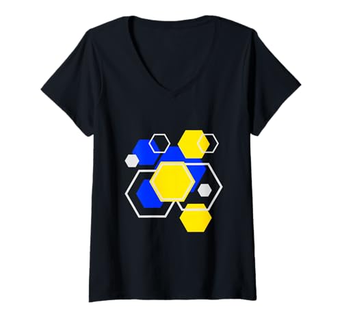 Damen Abstrakte geometrische Sechseck Bunte Kunstgrafik T-Shirt mit V-Ausschnitt Damen Abstrakte geometrische Sechseck Bunte Kunstgrafik T-Shirt mit V-Ausschnitt von Trendy Minimalist Art