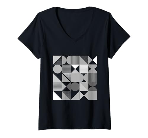 Damen Abstraktes einfarbiges schwarz-weißes geometrisches Muster T-Shirt mit V-Ausschnitt Damen Abstraktes einfarbiges schwarz-weißes geometrisches Muster T-Shirt mit V-Ausschnitt von Trendy Minimalist Art
