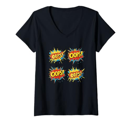 Damen Bunte Comic-Stil Ups! Grafikdesign T-Shirt mit V-Ausschnitt Damen Bunte Comic-Stil Ups! Grafikdesign T-Shirt mit V-Ausschnitt von Trendy Pop Culture Vibes Comic Style