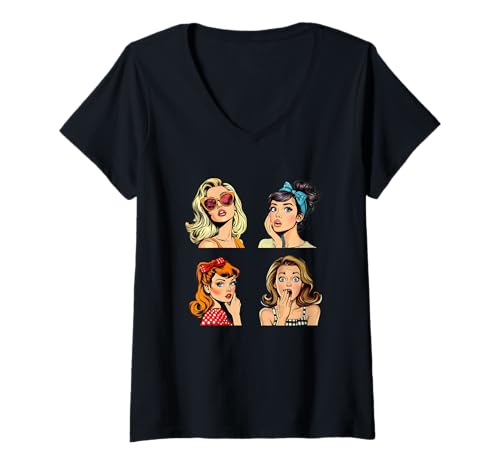 Damen Retro-Pop-Art-Stil Illustration T-Shirt mit V-Ausschnitt Damen Retro-Pop-Art-Stil Illustration T-Shirt mit V-Ausschnitt von Trendy Pop Culture Vibes Comic Style
