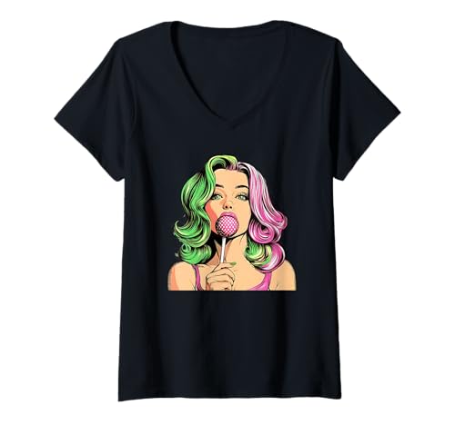 Damen Lebendiges Pop-Art-Design T-Shirt mit V-Ausschnitt Damen Lebendiges Pop-Art-Design T-Shirt mit V-Ausschnitt von Trendy Pop Vibes Culture Comic Style