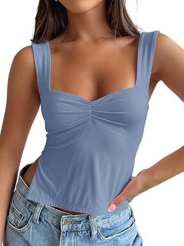 Trendy Queen Bauchfreies Damen-Tanktop, niedlich, rückenfrei, Outfit, Y2K, sexy, Sommer, trendige Kleidung, Grundlagen, Ashblue, Klein von Trendy Queen