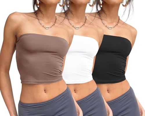 Trendy Queen Damen 3er-Pack Schlauch-Tops, bauchfrei, trägerlos, rückenfrei, Bandeau-BH, Sommer-Outfits 2024, Weiß, Schwarz, Kaffeegrau, Klein von Trendy Queen