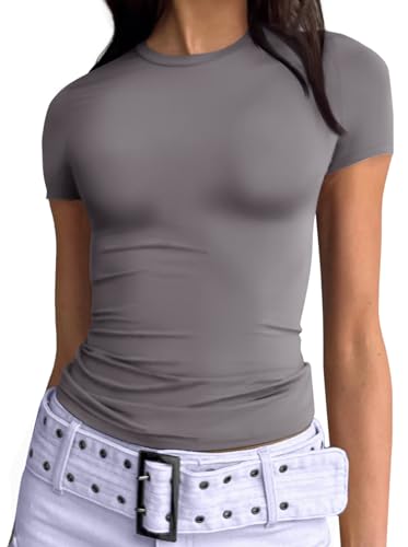 Trendy Queen Damen Basic T-Shirts U-Ausschnitt Kurzarm Crop Tops Niedlich Sommer Tops Slim Fit Tees Y2k Kleidung 2024, Grey02, Klein von Trendy Queen