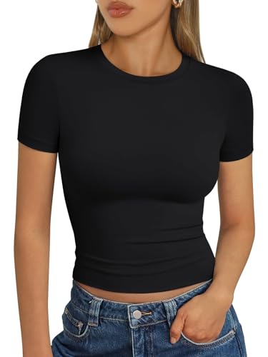 Trendy Queen Damen Basic T-Shirts U-Ausschnitt Kurzarm Crop Tops Niedlich Sommer Tops Slim Fit Tees Y2k Kleidung 2024, Schwarz, Klein von Trendy Queen