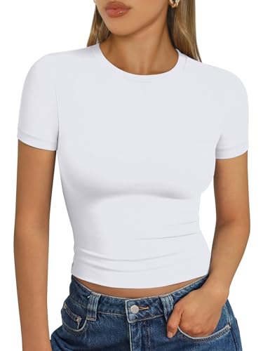 Trendy Queen Basic-T-Shirts für Damen mit Rundhalsausschnitt, kurze Ärmel, bauchfreies Top, süße Sommer-Tops mit enger Passform, Y2K-Kleidung, Weiss/opulenter Garten, X-Klein von Trendy Queen