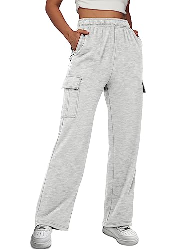 Trendy Queen Damen Cargo-Jogginghose mit weitem Bein, Baggy, Fleece, hohe Taille, Sweathose, Sporthose, mit Taschen, GRAU, S von Trendy Queen