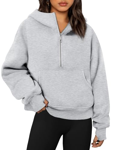 Trendy Queen Damen Hoodies Viertelreißverschluss Pullover Oversized Sweatshirts Halber Reißverschluss Pullover Mit Taschen Herbst Kleidung, GRAU, M von Trendy Queen