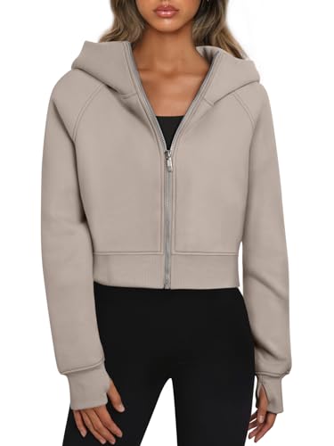 Trendy Queen Damen-Kapuzenpullover mit Reißverschluss, bauchfreie Sweatshirts, Herbst-Outfits, lässiger Kapuzenpullover, Pullover, Tops, Winterkleidung 2024, Kaffeegrau, S von Trendy Queen