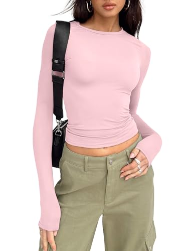 Trendy Queen Damen-Langarm-Shirt, Basic Frühling, bauchfreies Top, Herbst, modisch, Layering, eng anliegend, Y2k Tops, Pink, Groß von Trendy Queen