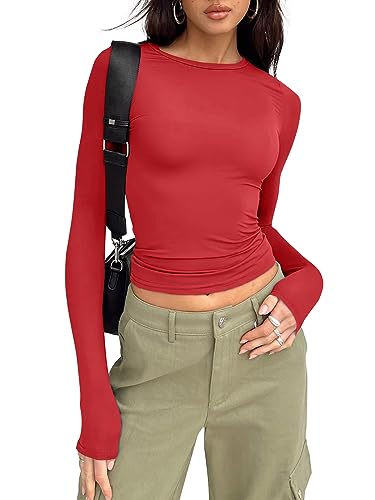 Trendy Queen Damen-Langarm-Shirt, Basic Frühling, bauchfreies Top, Herbst, modisch, Layering, eng anliegend, Y2k Tops, Rot/Ausflug, einfarbig (Getaway Solids), Klein von Trendy Queen