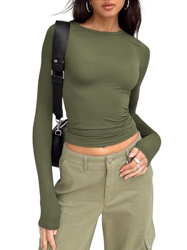 Trendy Queen Damen-Langarm-Shirt, Basic Frühling, bauchfreies Top, Herbst, modisch, Layering, eng anliegend, Y2k Tops, Grün (Army Green), Groß von Trendy Queen