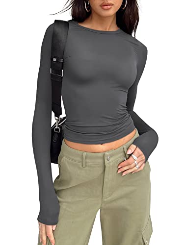 Trendy Queen Damen Langarmshirts Basic Layering Crewneck Slim Fit Casual Y2K T Shirts, Grau, Klein von Trendy Queen