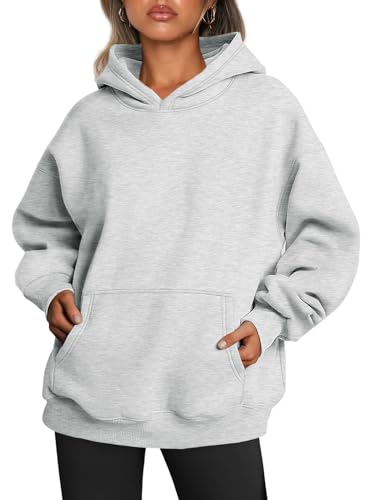 Trendy Queen Damen-Kapuzenpullover, übergroß, Fleece, langärmelig, Pullover, Herbstkleidung mit Tasche, GRAU, M von Trendy Queen