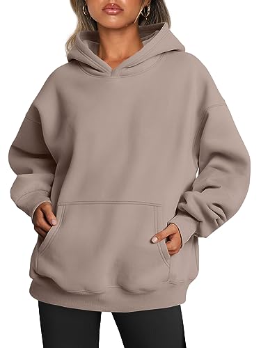 Trendy Queen Damen Oversized Sweatshirts Fleece Hoodies Langarm Shirts Pullover Herbst Kleidung mit Tasche, Kaffeegrau, L von Trendy Queen