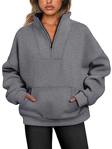 Trendy Queen Damen-Pullover mit halbem Reißverschluss, Viertelreißverschluss, übergroße Fleece-Hoodies, Teenager, Mädchen, Y2K, Herbst-Winterkleidung, Dunkelgrau, XL von Trendy Queen