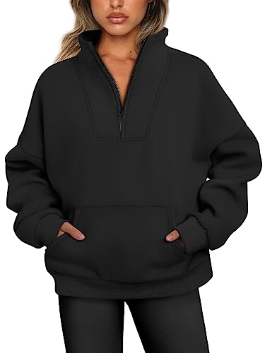 Trendy Queen Damen-Pullover mit halbem Reißverschluss, Viertelreißverschluss, übergroße Fleece-Hoodies, Teenager, Mädchen, Y2K, Herbst-Winterkleidung, Schwarz, M von Trendy Queen