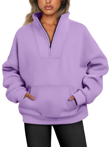 Trendy Queen Damen-Pullover mit halbem Reißverschluss, Viertelreißverschluss, übergroße Fleece-Hoodies, Teenager, Mädchen, Y2K, Herbst-Winterkleidung, Violett, M von Trendy Queen