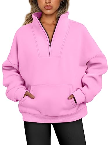 Trendy Queen Damen Pullover mit halbem Reißverschluss, Viertelreißverschluss, übergroße Hoodies, Pullover, Herbst-Outfits 2023, Y2K Winterkleidung, Pink, M von Trendy Queen