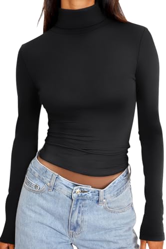 Trendy Queen Damen Rollkragen Langarm Shirts Herbst Mode Basic Thermounterwäsche Tops Winter Kleidung 2024, Schwarz, Klein von Trendy Queen
