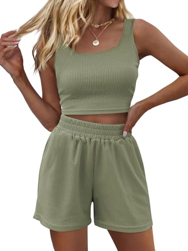 Trendy Queen Damen Sommer 2 Stück Outfits Shorts Sets Ärmellos Lounge Crop Top Tank und Hohe Taille Shorts mit Taschen, Grün , Large von Trendy Queen