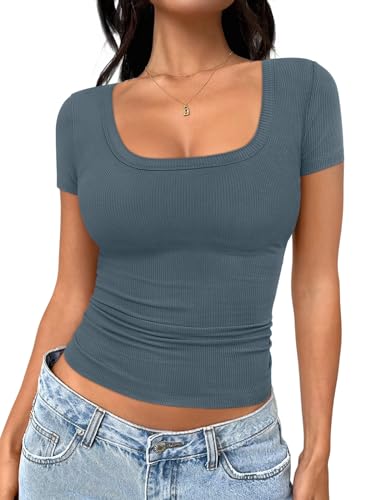 Trendy Queen Damen-T-Shirts, U-Ausschnitt, gerippt, gestrickt, bauchfrei, für Frühling, Sommer, Outfit, Oberteil, modische Kleidung, Graugrün, Klein von Trendy Queen