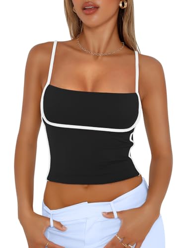 Trendy Queen Damen-Tanktop mit verstellbaren Spaghettiträgern, niedliches bauchfreies Oberteil für den Sommer, Schwarz, Mittel von Trendy Queen