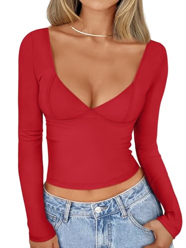 Trendy Queen Ausgehende Tops für Damen, trendige Langarm-Shirts, modische Kleidung, V-Ausschnitt, Basic, Y2K, niedliches Hemd, Korsett, Rot/Ausflug, einfarbig (Getaway Solids), Groß von Trendy Queen