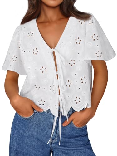 Trendy Queen Damen-Tops mit Schnürung vorne, Sommer, Strand, Urlaub 2025, modische Outfits, lockere Passform, Blusen, mit Ösen, bestickte Kleidung, Weiss/opulenter Garten, X-Groß Trendy Queen Damen-Tops mit Schnürung vorne, Sommer, Strand, Urlaub 2025, modische Outfits, lockere Passform, Blusen, mit Ösen, bestickte Kleidung, Weiss/opulenter Garten, X-Groß von Trendy Queen