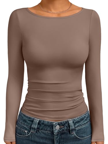 Trendy Queen Damen-Tops mit U-Boot-Ausschnitt, langärmelig, leger, tailliert, einfarbig, Herbstkleidung, Kaffeebraun, X-Klein von Trendy Queen