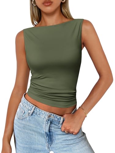 Trendy Queen Lässiges Tanktop für Damen, Frühling, Sommer, Basic Cute 2024, ärmelloses Shirt, Y2K, modisches Outfit, Grün (Army Green), Klein von Trendy Queen