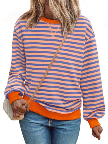 Trendy Queen Sweatshirts für Damen 2025 Herbst Rundhalsausschnitt gestreifte Langarmshirts adrette Tops Y2K Winter Outfits Kleidung, Pinkblau, Mittel von Trendy Queen