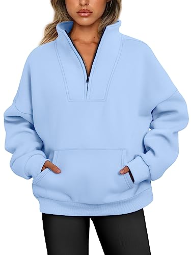 Trendy Queen Sweatshirts mit halbem Reißverschluss, Viertelreißverschluss, übergroße Hoodies, Pullover, Herbst-Outfits 2024, Y2K Winterkleidung, Hellblau, M von Trendy Queen