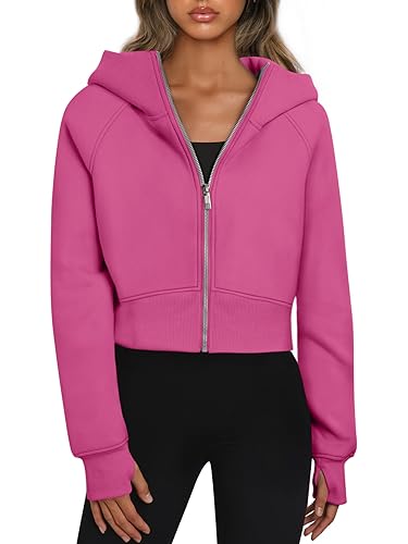 Trendy Queen Womens Zip Up Hoodies Cropped Sweatshirts Herbst Outfits Casual Kapuzenpullover Pullover Tops Winter Kleidung 2023, hot pink, S von Trendy Queen