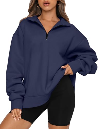 Trendy Queen Damen-Sweatshirt, übergroß, modisch, mit halbem Reißverschluss, Langarm-Shirt, Kleidung, Outfit, Blau dunkel, Large von Trendy Queen