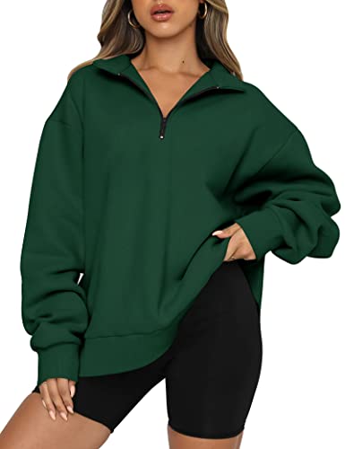 Trendy Queen Y2K Damen Oversize Half Zip Pullover Langarm Sweatshirt Viertelreißverschluss Hoodie Pullover Teenager Mädchen Herbst Y2K Kleidung, Dunkelgrün, S von Trendy Queen